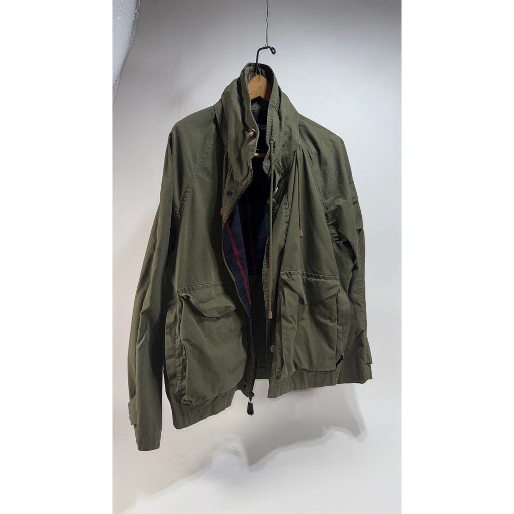 Nautica Mens Olive Green Cotton Field Jacket Plaid Lined Utility Coat Size M